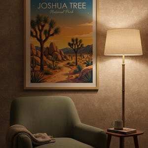 May include: A framed art print featuring a desert landscape with Joshua trees, rocks, and a sunset. The print has the text "JOSHUA TREE National Park" at the top. The print is displayed above a green armchair with a blanket and a side table with a lamp.