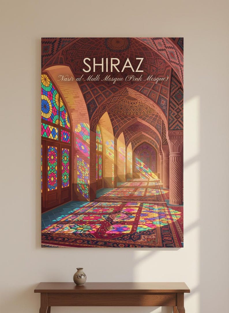 May include: A rectangular wall art print featuring the Nasir al-Mulk Mosque in Shiraz, Iran. The image displays arched doorways, intricate ceiling patterns, and colourful stained glass casting vibrant light patterns onto a patterned floor.