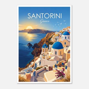 Arte digital de Santorini / Póster de viaje a Grecia / Lámina imprimible de la isla griega / Decoración de pared mediterránea / Descarga instantánea imagen 1