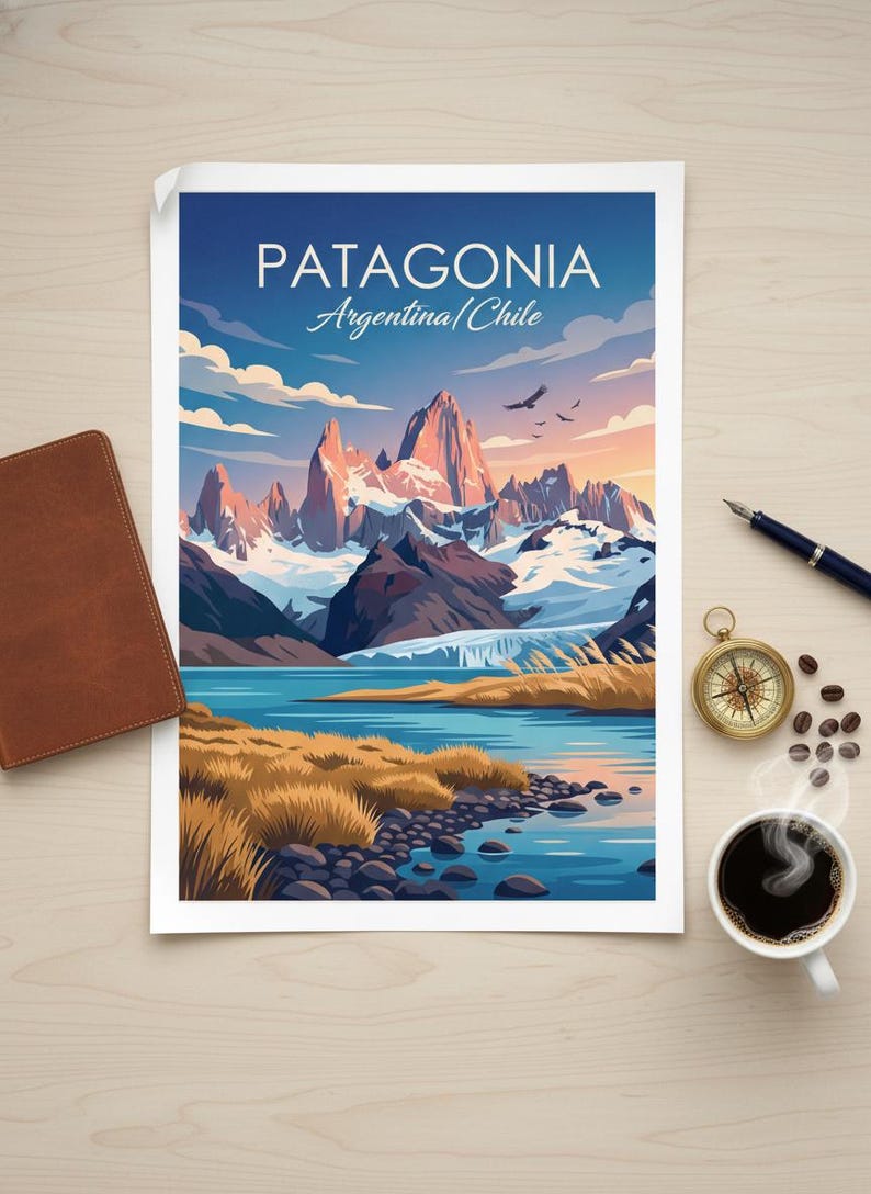 Op de afbeelding: Een Patagonia reisposter met een bergketen en een meer. De poster ligt op een houten oppervlak met een leren notitieboek, pen, kompas, koffie en koffiebonen.