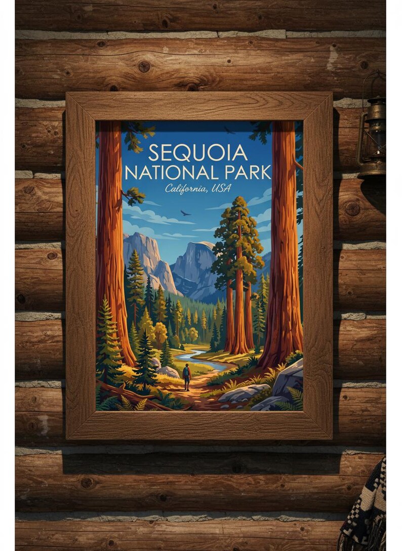 Op de afbeelding: Een ingelijste kunstdruk met een landschap van Sequoia National Park, Californi&euml;, VS. De illustratie toont een kronkelend pad door een bos van gigantische sequoia's dat naar verre bergen leidt onder een blauwe lucht met wolken.