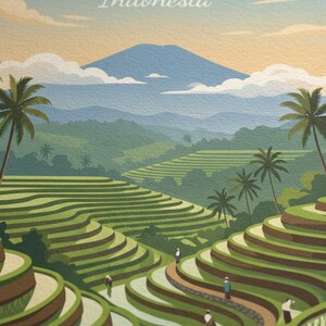 May include: A travel-themed illustration of Bali, Indonesia, featuring terraced rice fields, palm trees, and a mountain in the background. The word "BALI" is at the top, with "Indonesia" below it. The color palette includes greens, blues, and yellows.