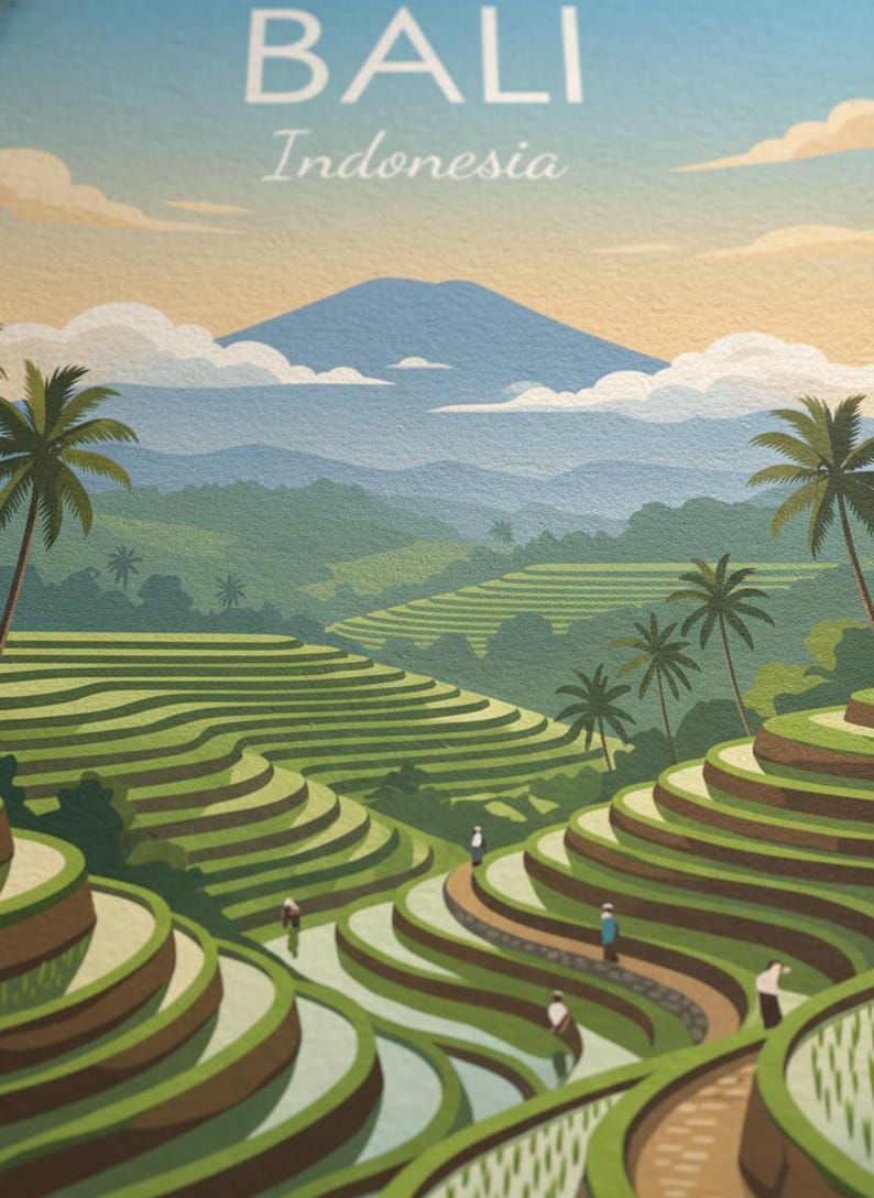 May include: A travel-themed illustration of Bali, Indonesia, featuring terraced rice fields, palm trees, and a mountain in the background. The word "BALI" is at the top, with "Indonesia" below it. The color palette includes greens, blues, and yellows.