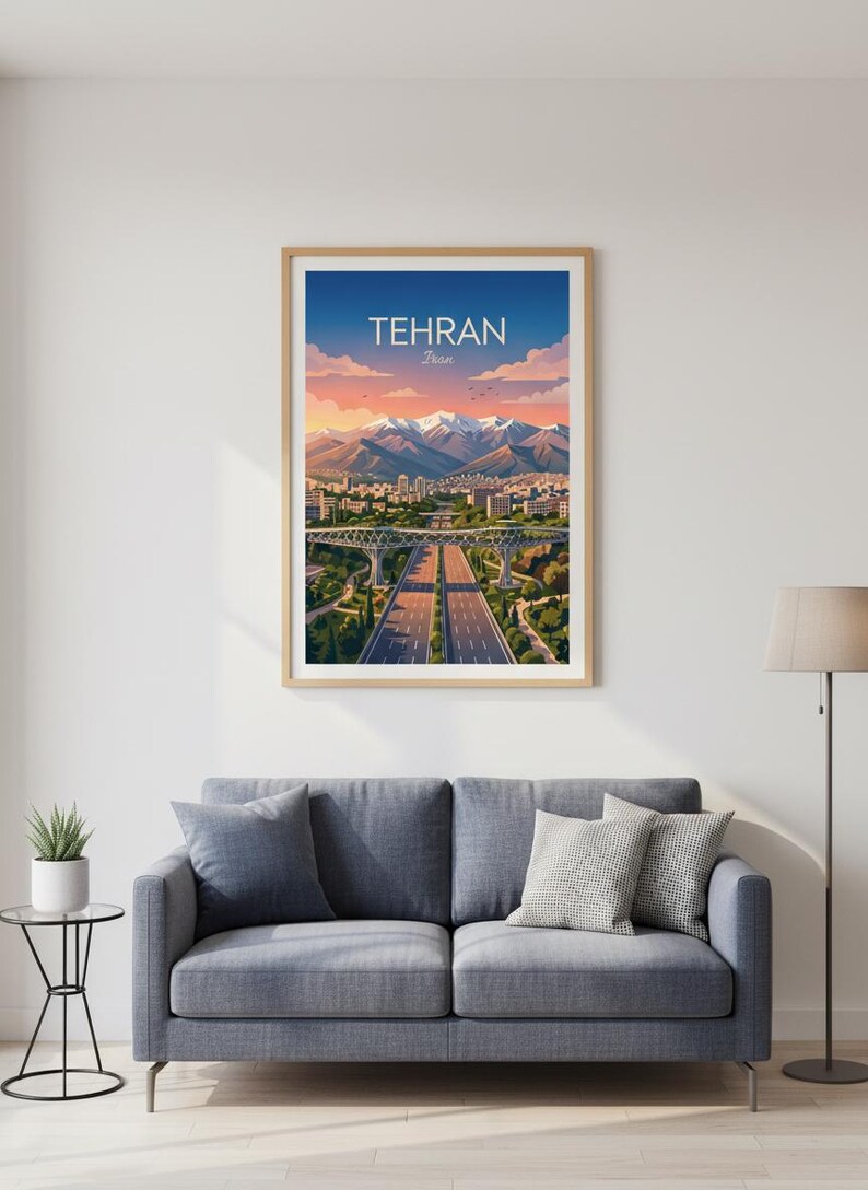 May include: A framed art print featuring a stylized illustration of Tehran, Iran. The artwork depicts a cityscape with a highway, bridge, and mountains under a sunset sky. The word "TEHRAN" is displayed at the top.