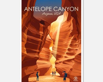 May include: A poster featuring a stylized illustration of Antelope Canyon in Arizona, USA. The artwork depicts the canyon's sandstone walls in shades of orange and brown, with sunlight streaming down. Several figures are visible, suggesting a scenic tourist destination.