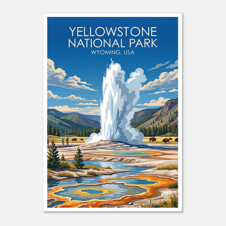 Arte dos gêiseres do Parque Nacional de Yellowstone | Pôster de viagem com paisagens do Wyoming (Download digital) imagem 1