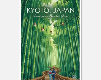 May include: A travel poster featuring the Arashiyama Bamboo Grove in Kyoto, Japan. The image shows a path winding through tall green bamboo stalks, with two figures in traditional Japanese attire walking along the path. The text "KYOTO, JAPAN" and "Arashiyama Bamboo Grove" are at the top.