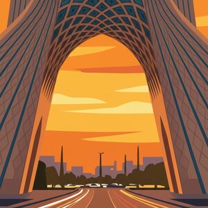 May include: A graphic illustration of the Azadi Tower in Tehran, Iran. The image shows the tower's archway framing a road with car trails, set against an orange and yellow sunset. The tower's facade is detailed with geometric patterns.