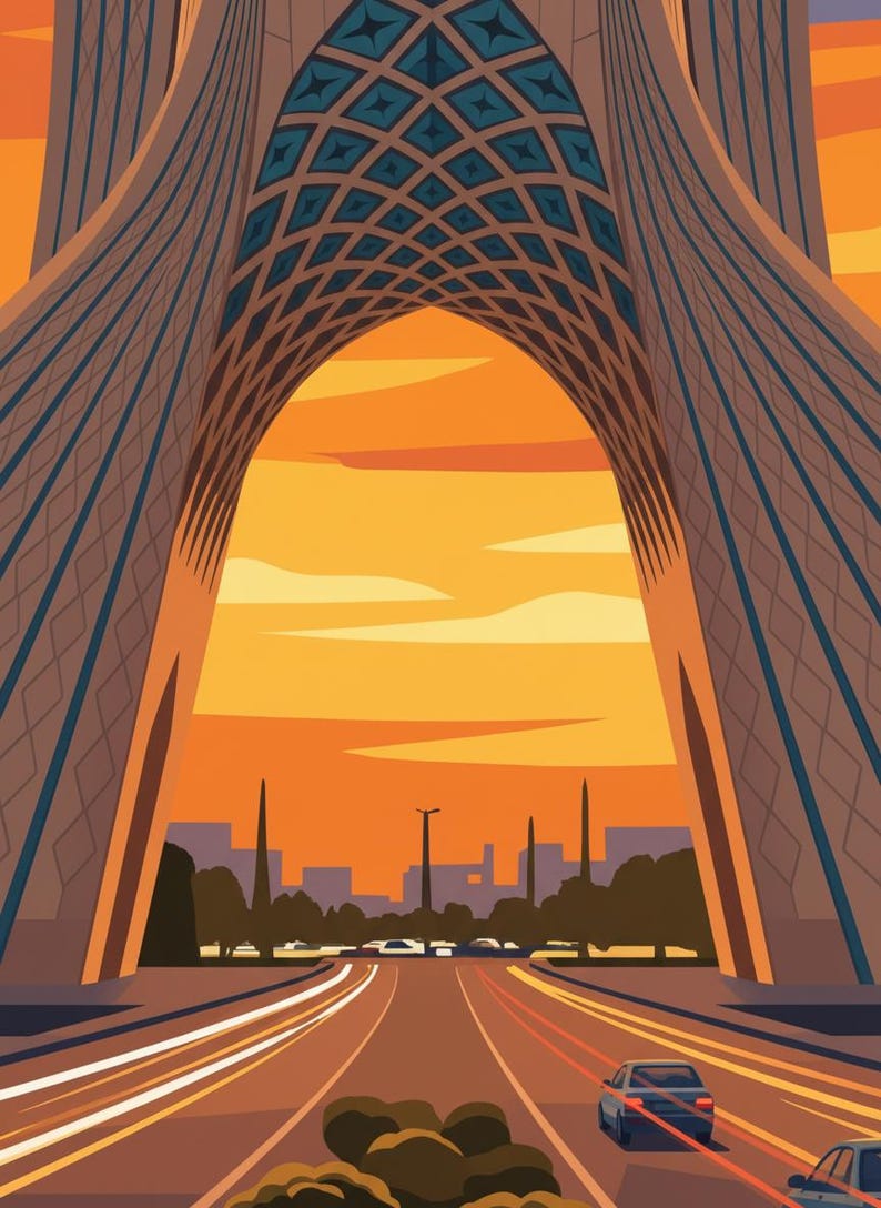 May include: A graphic illustration of the Azadi Tower in Tehran, Iran. The image shows the tower's archway framing a road with car trails, set against an orange and yellow sunset. The tower's facade is detailed with geometric patterns.