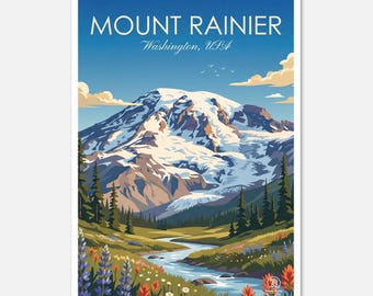 May include: A vintage-style travel poster featuring Mount Rainier in Washington, USA. The artwork depicts a snow-capped mountain under a blue sky, with a river flowing through a valley filled with trees and wildflowers. The poster has the text "Mount Rainier" and "Washington, USA".