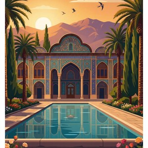 May include: Digital art print of a Persian palace with a reflecting pool. The building features intricate blue and turquoise tilework. Palm trees frame the scene, with a sunset and mountains in the background. Birds fly in the sky.