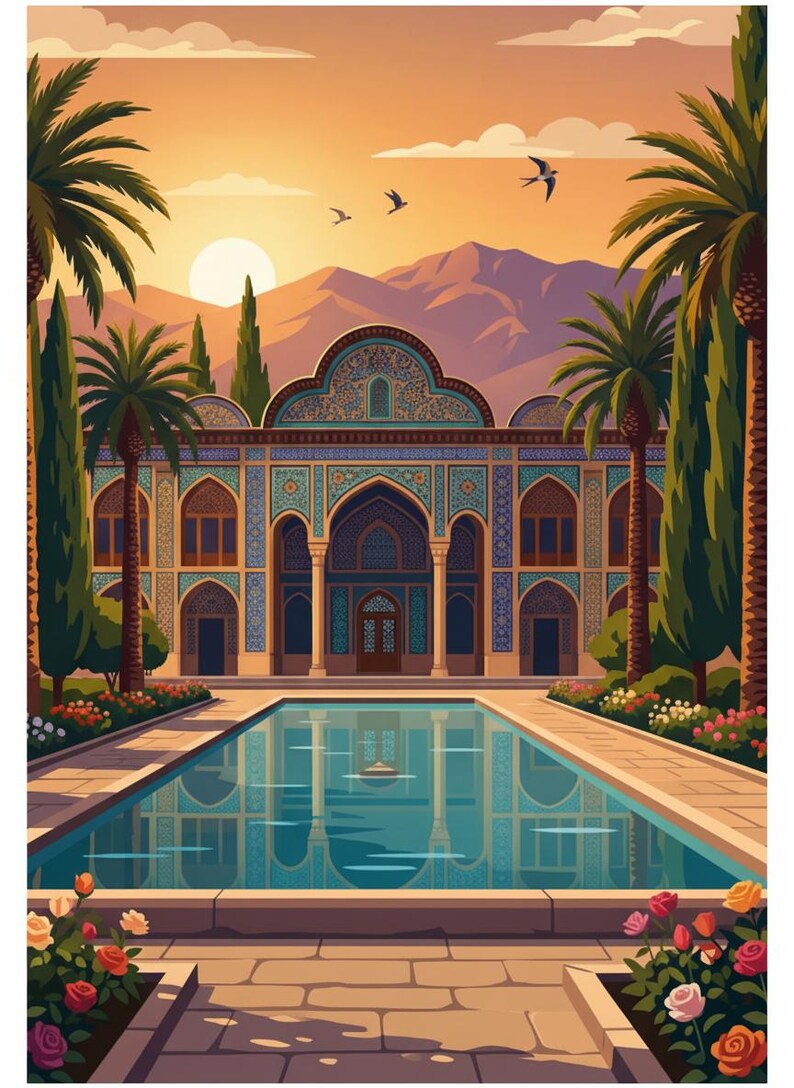 May include: Digital art print of a Persian palace with a reflecting pool. The building features intricate blue and turquoise tilework. Palm trees frame the scene, with a sunset and mountains in the background. Birds fly in the sky.