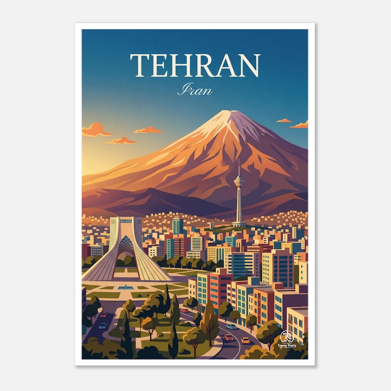 Tehran & Mount Damavand Travel Poster | Persian Mountain Art (Digital Download) image 1