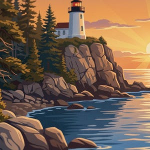 Puede incluir: Ilustraci&oacute;n de un paisaje costero con un faro blanco sobre un acantilado rocoso y un edificio con tejado rojo. La escena incluye &aacute;rboles de hoja perenne, un mar azul tranquilo y un cielo c&aacute;lido al atardecer. La obra evoca serenidad.