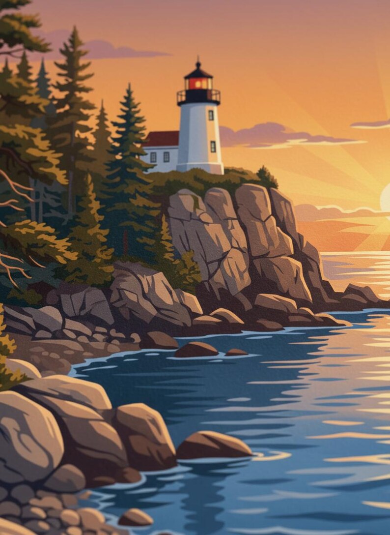 Puede incluir: Ilustraci&oacute;n de un paisaje costero con un faro blanco sobre un acantilado rocoso y un edificio con tejado rojo. La escena incluye &aacute;rboles de hoja perenne, un mar azul tranquilo y un cielo c&aacute;lido al atardecer. La obra evoca serenidad.