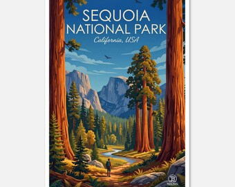 May include: A poster featuring a scenic view of Sequoia National Park in California, USA. The artwork depicts a trail leading into a forest with towering redwood trees, a river, and mountains under a blue sky. The text "SEQUOIA NATIONAL PARK" is at the top.