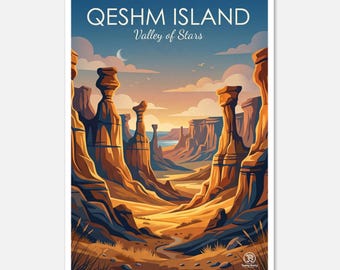 May include: A landscape art print featuring the Qeshm Island Valley of Stars. The print showcases a canyon scene with towering rock formations in shades of brown and orange, under a blue sky with clouds. The text "Qeshm Island Valley of Stars" is at the top.