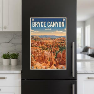 May include: A rectangular magnet featuring a vintage-style illustration of Bryce Canyon National Park in Utah, USA. The artwork depicts the canyon's unique rock formations under a blue sky, with the text "BRYCE CANYON USA".