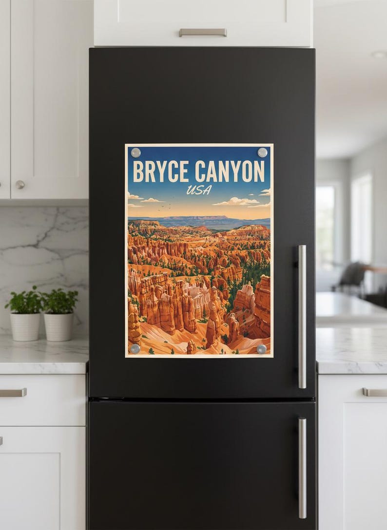 May include: A rectangular magnet featuring a vintage-style illustration of Bryce Canyon National Park in Utah, USA. The artwork depicts the canyon's unique rock formations under a blue sky, with the text "BRYCE CANYON USA".