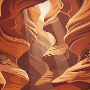 May include: A stylized illustration of Antelope Canyon in Arizona. The artwork features the canyon's sandstone walls in shades of orange and brown, with light beams shining through the openings. The text "ANTELOPE CANYON Arizona" is at the top.