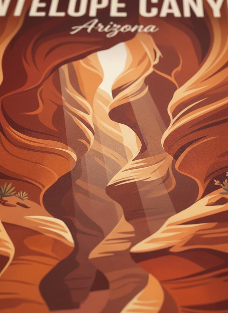 May include: A stylized illustration of Antelope Canyon in Arizona. The artwork features the canyon's sandstone walls in shades of orange and brown, with light beams shining through the openings. The text "ANTELOPE CANYON Arizona" is at the top.