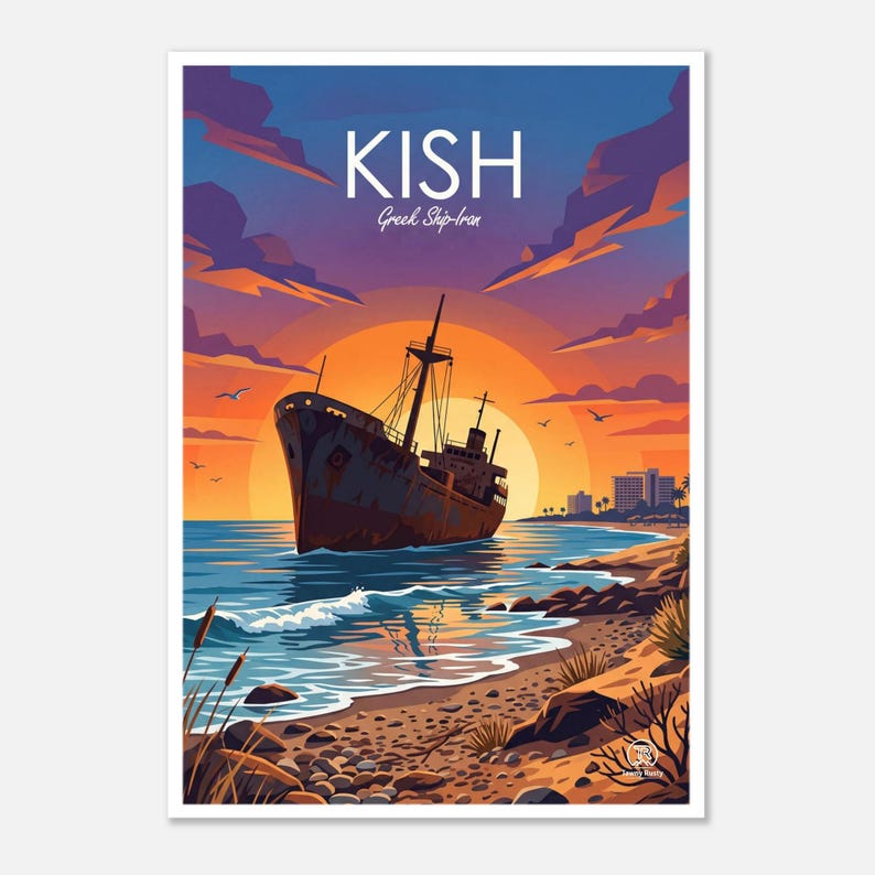 Print van een Grieks schip bij zonsondergang op Kish Island | Kunst van de Perzische Golfkust (digitale download) afbeelding 1