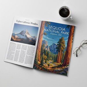 Op de afbeelding: Een open tijdschrift met een artikel getiteld Explore California's Wonders met een foto van een besneeuwde berg en een paginagrote illustratie van Sequoia National Park, California, USA, met gigantische bomen en bergen.