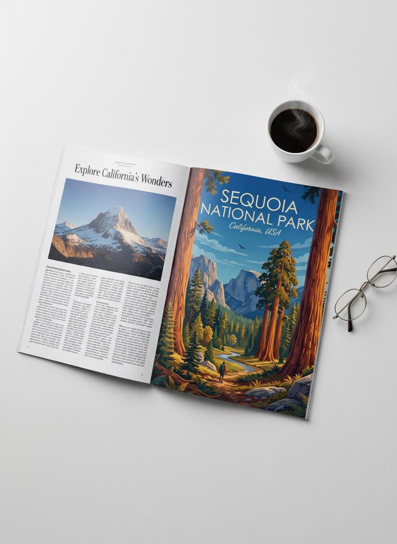 Op de afbeelding: Een open tijdschrift met een artikel getiteld Explore California's Wonders met een foto van een besneeuwde berg en een paginagrote illustratie van Sequoia National Park, California, USA, met gigantische bomen en bergen.