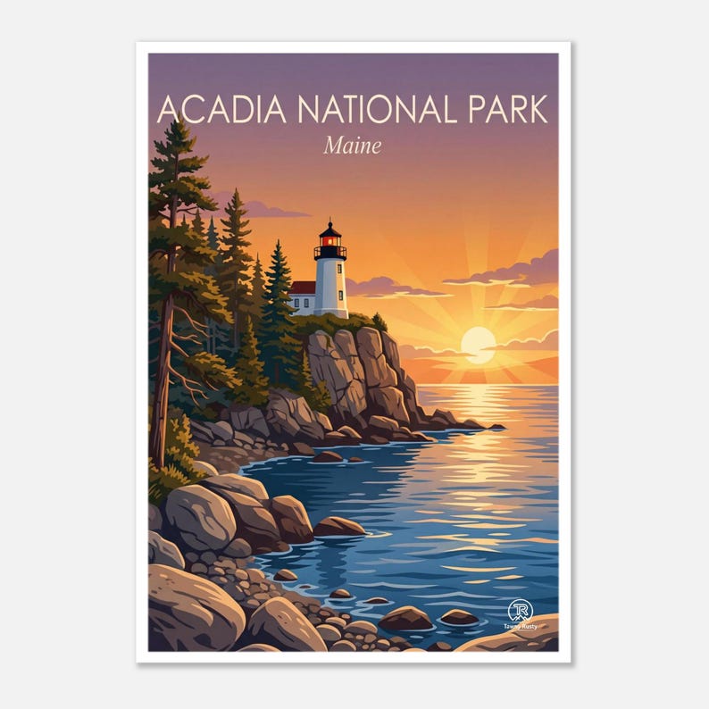 Lámina artística del Parque Nacional Acadia, Maine / Decoración de pared con paisaje costero (Descarga digital) imagen 1