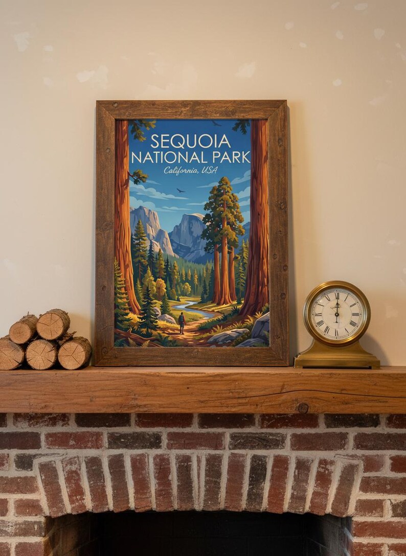 Op de afbeelding: Een ingelijste kunstdruk met de tekst SEQUOIA NATIONAL PARK California, USA, met een landschapsillustratie van gigantische sequoia's, een kronkelende rivier, een eenzame wandelaar op een pad en verre bergen onder een blauwe lucht.