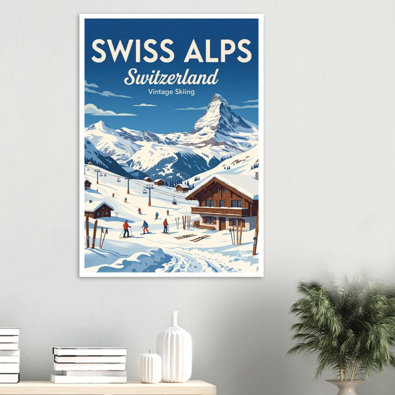 Swiss Alps Vintage Ski Art Print | Retro Switzerland Mountain Wall Decor (Digital Download) image 3