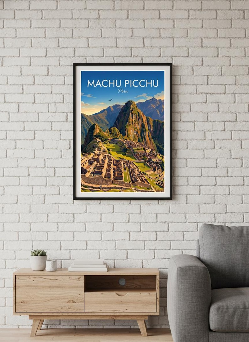 May include: A framed wall art print featuring a colorful illustration of the Machu Picchu ruins in Peru. The artwork displays stone structures, green terraces, and towering mountains under a blue sky with the text Machu Picchu Peru.