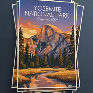 May include: A stack of Yosemite National Park posters. The posters feature a landscape illustration of a mountain, river, and trees, with the text "YOSEMITE NATIONAL PARK California, USA" at the top.