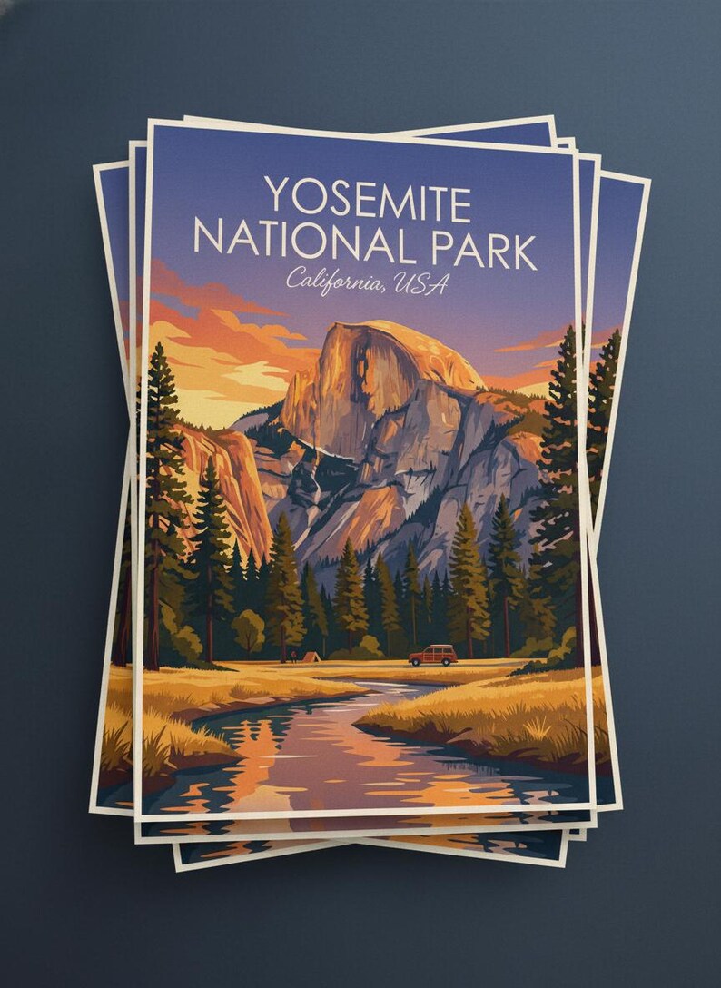 May include: A stack of Yosemite National Park posters. The posters feature a landscape illustration of a mountain, river, and trees, with the text "YOSEMITE NATIONAL PARK California, USA" at the top.