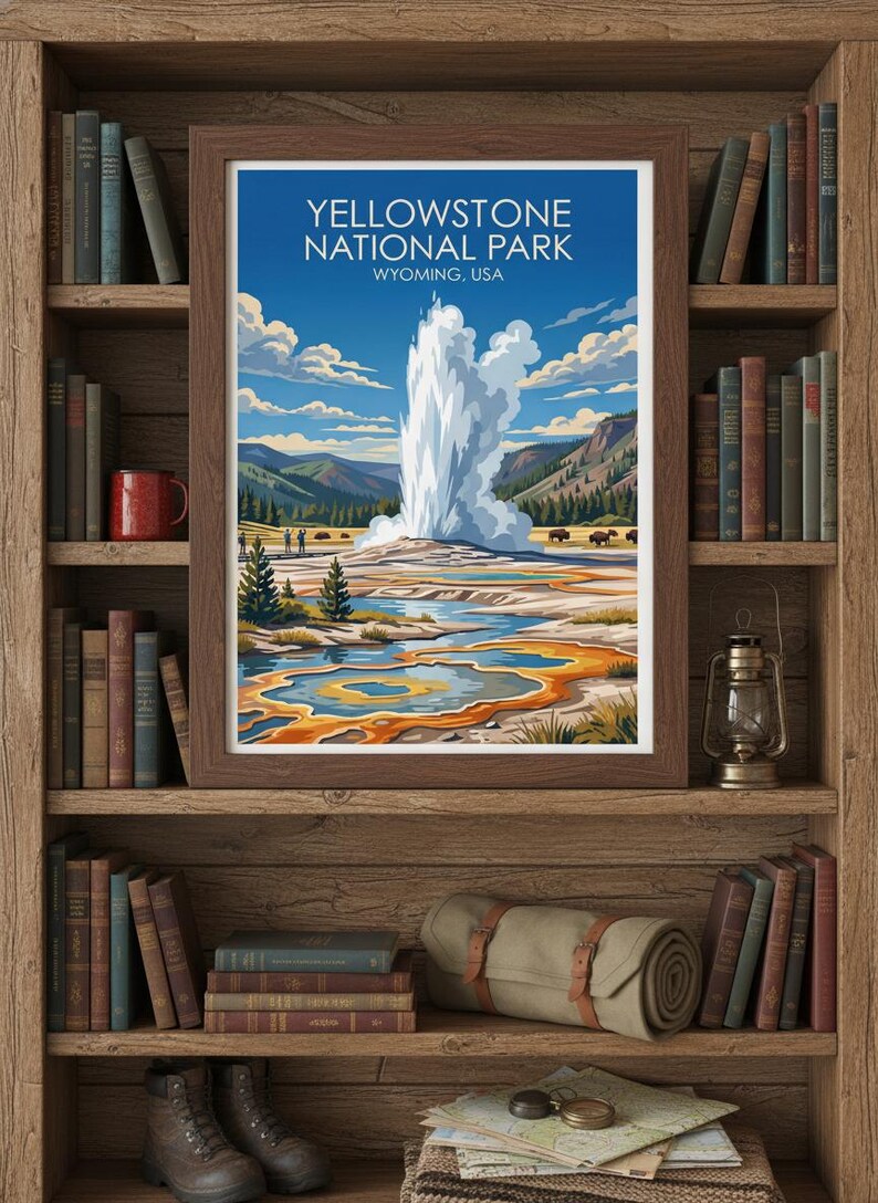 Pode incluir: Uma impress&atilde;o emoldurada do Parque Nacional de Yellowstone, Wyoming, EUA, com um g&ecirc;iser em erup&ccedil;&atilde;o. A obra de arte apresenta montanhas, &aacute;rvores e uma paisagem colorida. A impress&atilde;o &eacute; exibida em uma estante de madeira com livros e outros itens decorativos.