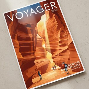 May include: A magazine cover titled "VOYAGER" with a graphic illustration of a canyon. The cover text reads "Summer 2024 Luxury Edition" and "EXPLORE THE AMERICAN WEST Hidden Gems & Iconic Landscapes". Several figures are depicted in the canyon.