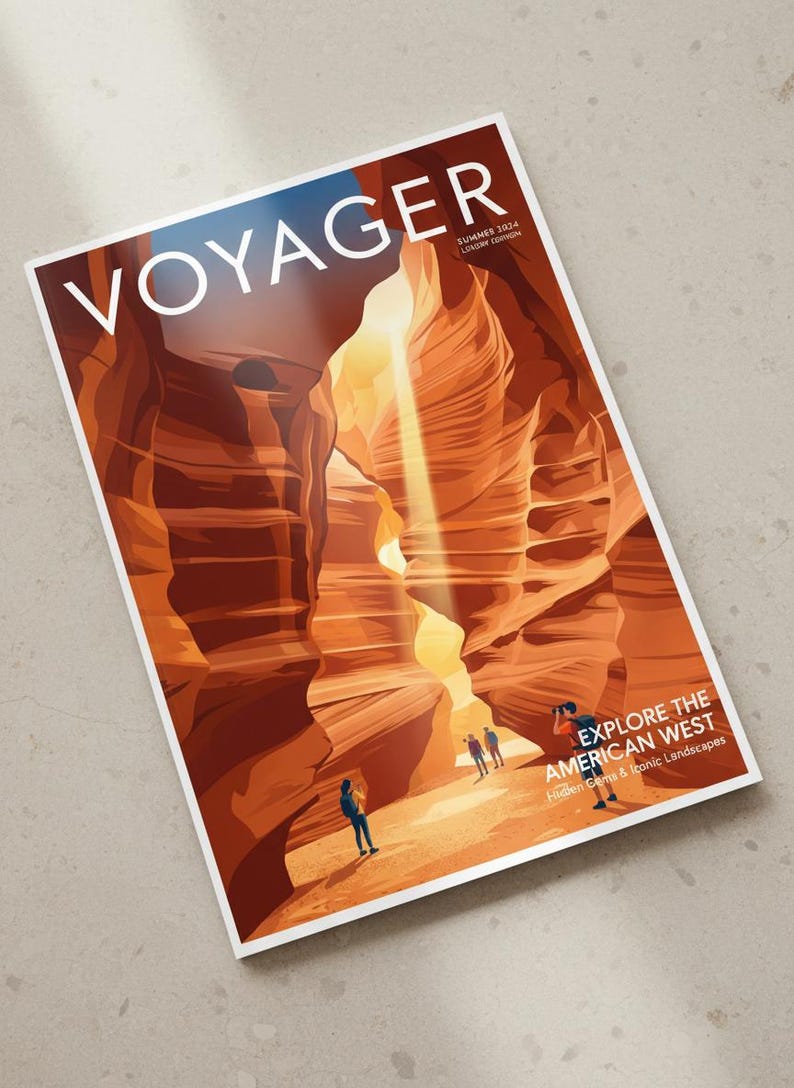 May include: A magazine cover titled "VOYAGER" with a graphic illustration of a canyon. The cover text reads "Summer 2024 Luxury Edition" and "EXPLORE THE AMERICAN WEST Hidden Gems & Iconic Landscapes". Several figures are depicted in the canyon.