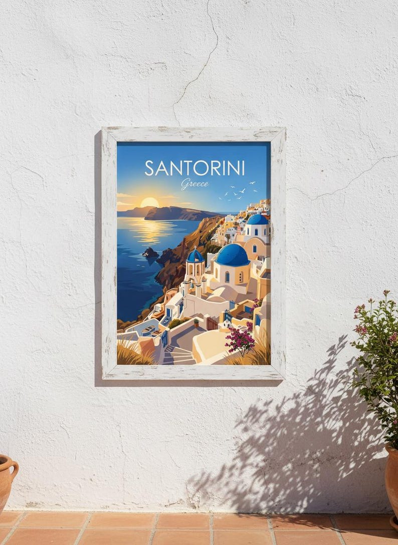Arte digital de Santorini / Póster de viaje a Grecia / Lámina imprimible de la isla griega / Decoración de pared mediterránea / Descarga instantánea imagen 5