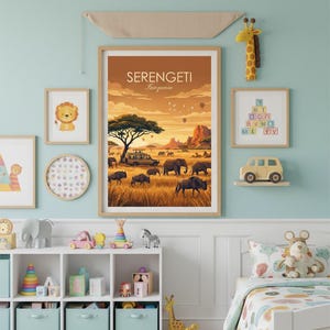 May include: A framed print of the Serengeti in Tanzania, featuring elephants, a safari vehicle, and hot air balloons under a sunset sky. The room is decorated with children's toys and artwork, including a giraffe wall hanging.
