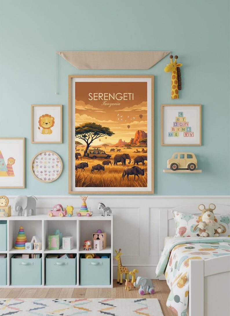 May include: A framed print of the Serengeti in Tanzania, featuring elephants, a safari vehicle, and hot air balloons under a sunset sky. The room is decorated with children's toys and artwork, including a giraffe wall hanging.