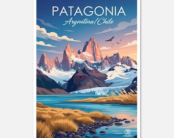 May include: A poster featuring a scenic view of Patagonia, Argentina/Chile. The artwork depicts snow-capped mountains, a blue lake, and a vibrant sky. The text "PATAGONIA Argentina/Chile" is displayed at the top.