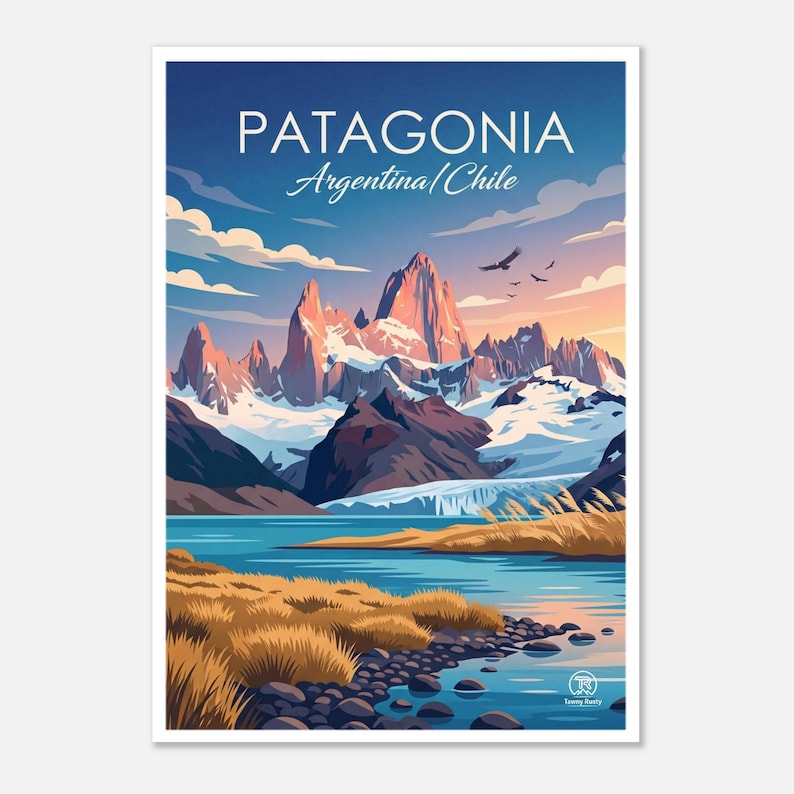 Patagonië reisposter | Argentinië Chili berglandschap printbaar (digitale download) afbeelding 1