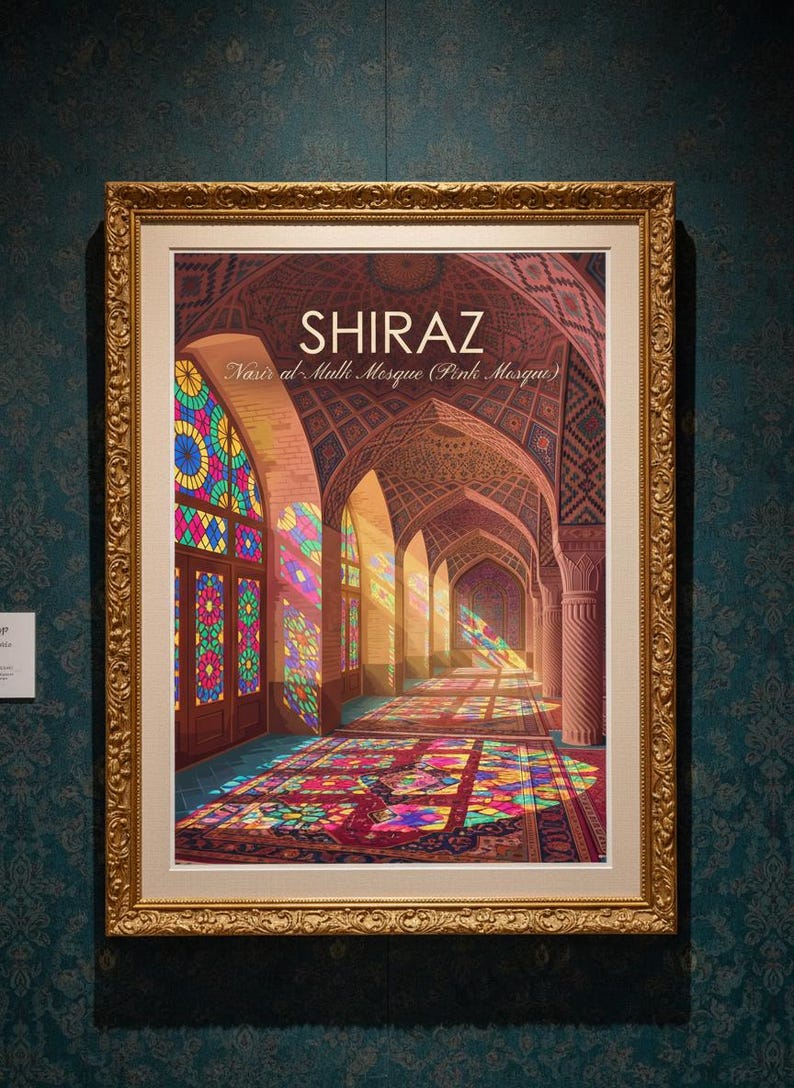 May include: A framed art print featuring the interior of the Nasir al-Mulk Mosque in Shiraz, Iran. The image displays colourful stained glass windows casting vibrant light patterns onto the floor, set within an ornate gold-coloured frame.