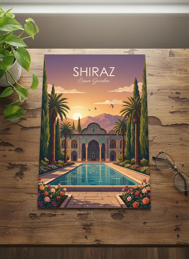 May include: A colorful print of Shiraz Eram Garden, featuring a large pool in front of a detailed building with palm trees and mountains in the background. The sky is a gradient of orange and purple, with the word "Shiraz" at the top.