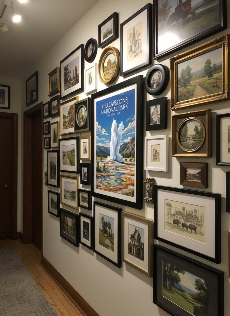 Pode incluir: Uma parede de galeria com uma variedade de obras de arte emolduradas. A cole&ccedil;&atilde;o inclui pinturas de paisagens, retratos e um p&ocirc;ster do Parque Nacional de Yellowstone. As molduras variam em tamanho, forma e cor, criando uma exibi&ccedil;&atilde;o visualmente diversificada.