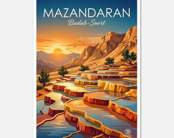 May include: A travel poster featuring the Mazandaran Badab-Soort landscape. The artwork depicts terraced pools with orange and yellow hues, reflecting the blue sky and the setting sun. The poster includes the text "MAZANDARAN" and "Badab-Soort".