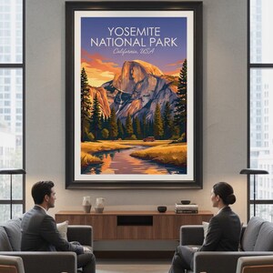 May include: A framed wall art print featuring a stylized illustration of Yosemite National Park, California, USA. The artwork depicts Half Dome at sunset, a winding river, pine trees, and a small vehicle in a warm, vibrant color palette.