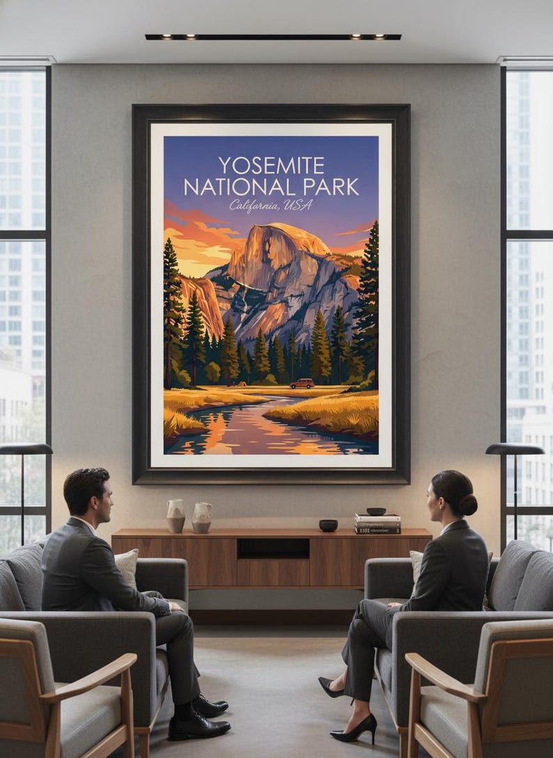May include: A framed wall art print featuring a stylized illustration of Yosemite National Park, California, USA. The artwork depicts Half Dome at sunset, a winding river, pine trees, and a small vehicle in a warm, vibrant color palette.
