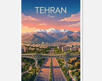 May include: A colorful travel poster featuring the city of Tehran, Iran. The image shows a cityscape with buildings, roads, and a bridge, set against a backdrop of mountains and a sunset sky. The word "TEHRAN" is at the top.