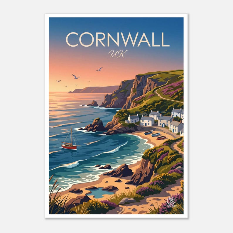Cornwall UK Coastal Landscape Print | English Seaside Travel Poster (Digital Download) image 1